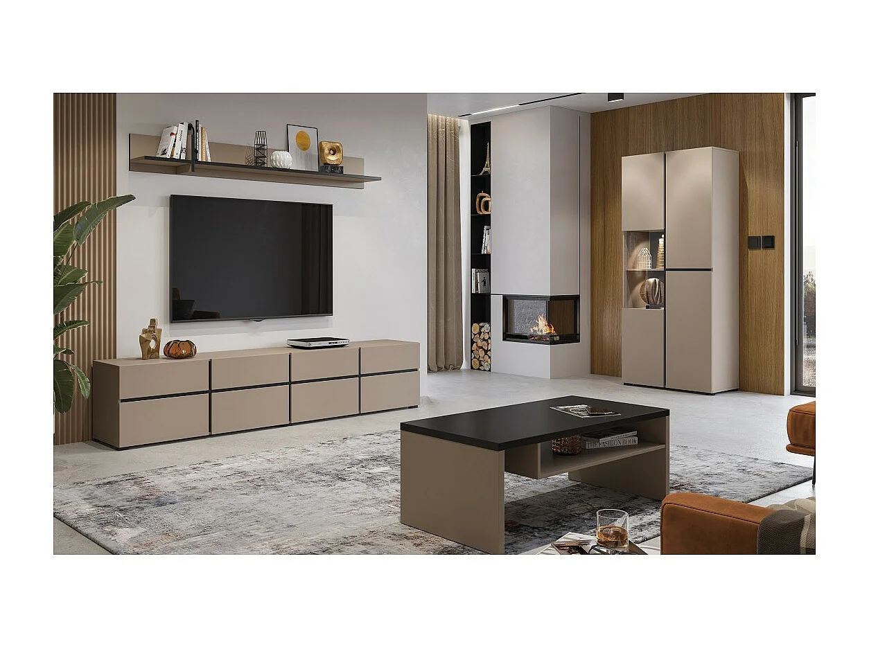 Conjunto de 4 muebles colección HAVANA color beige y negro. Mueble para TV XL, vitrina, mesa de centro, estantería.