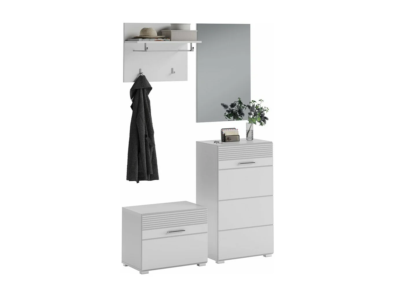Conjunto de móveis para hall de entrada: Espelho + armário para sapatos + cabideiro + armário de armazenamento – Branco laqueado – KLEANKIN