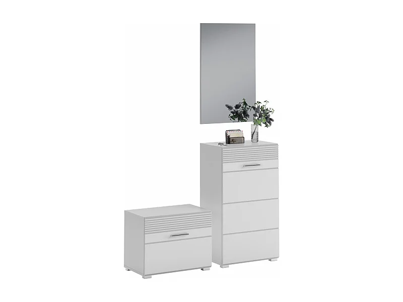 Conjunto de móveis para hall de entrada: Espelho + sapateira + móvel de armazenamento – Branco laqueado – KLEANKIN