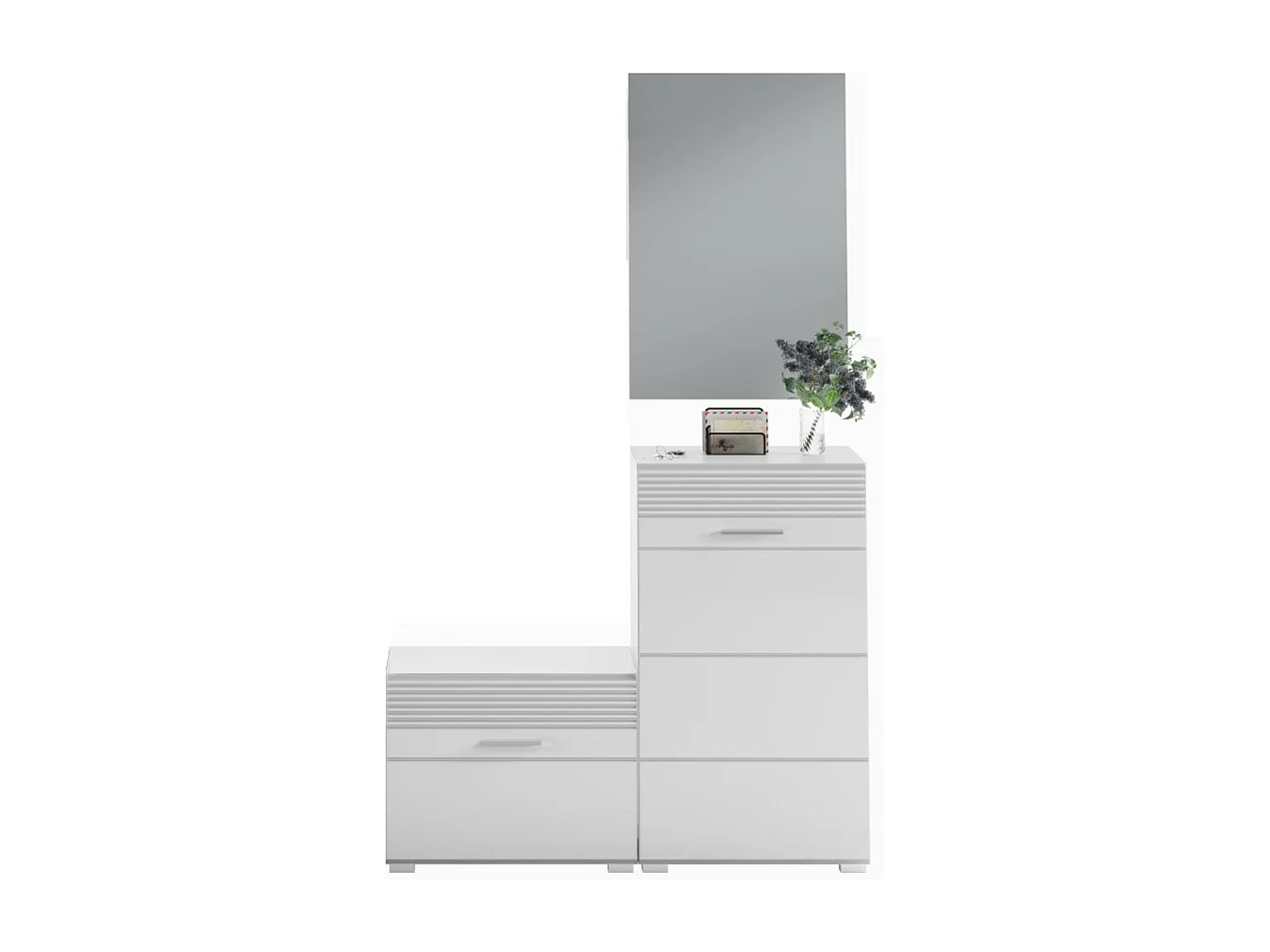 Conjunto de móveis para hall de entrada: Espelho + sapateira + móvel de armazenamento – Branco laqueado – KLEANKIN