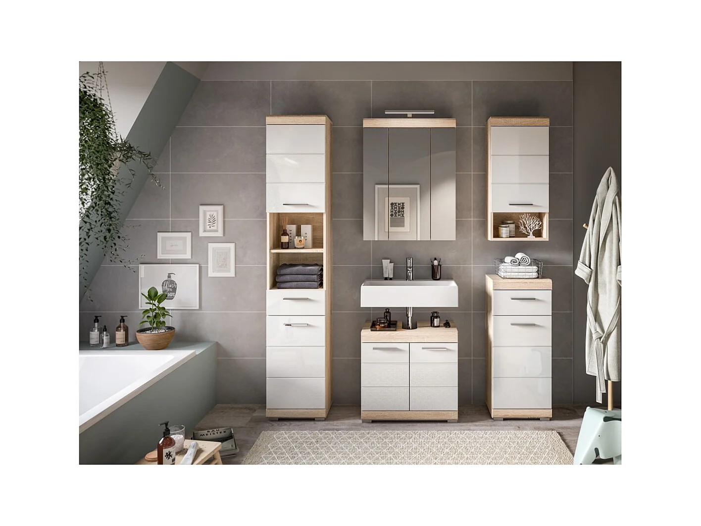 Meuble sous vasque LEWOTO – 2 portes – Blanc et chêne clair