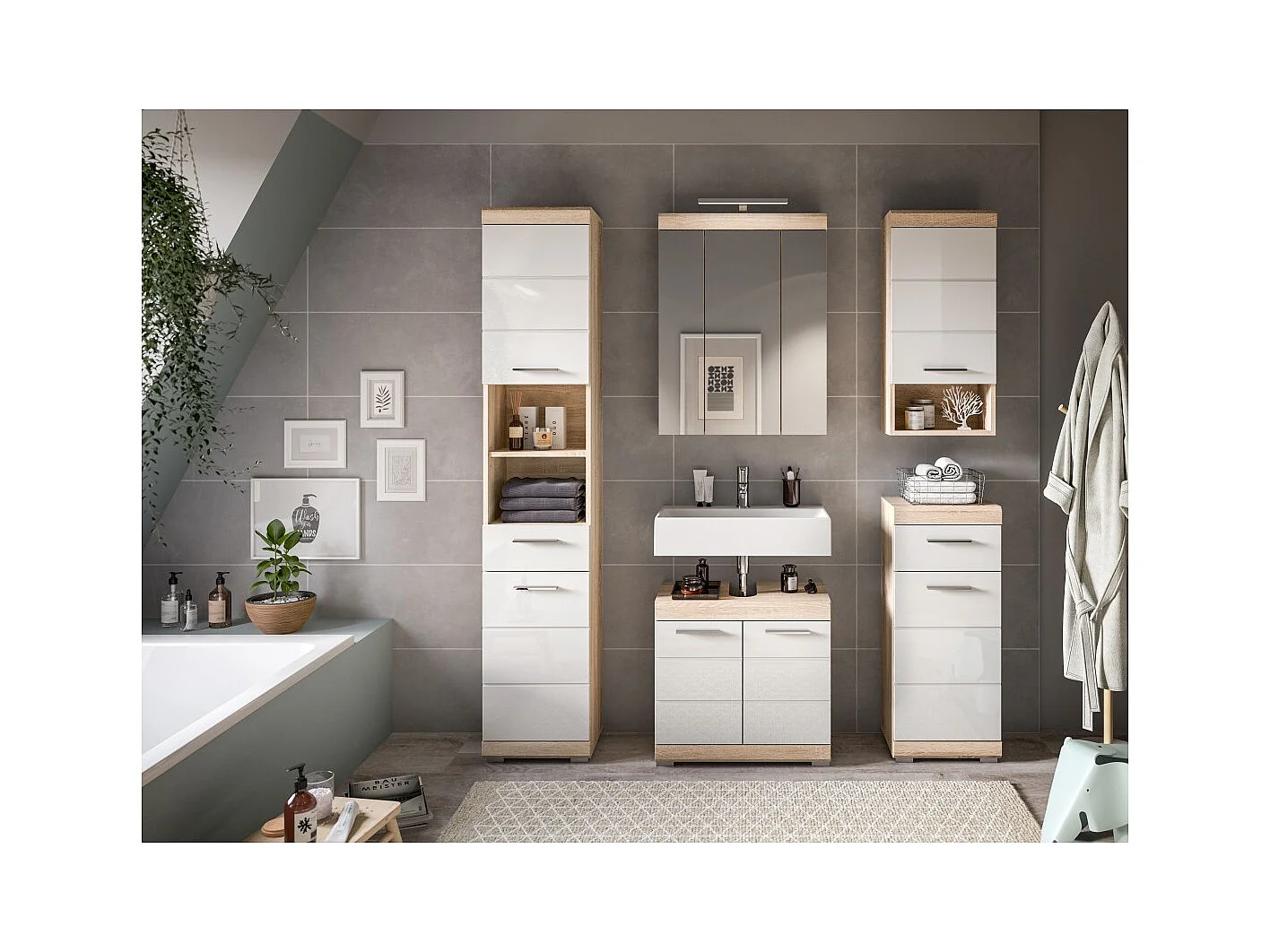 Meuble sous vasque LEWOTO – 2 portes – Blanc et chêne clair