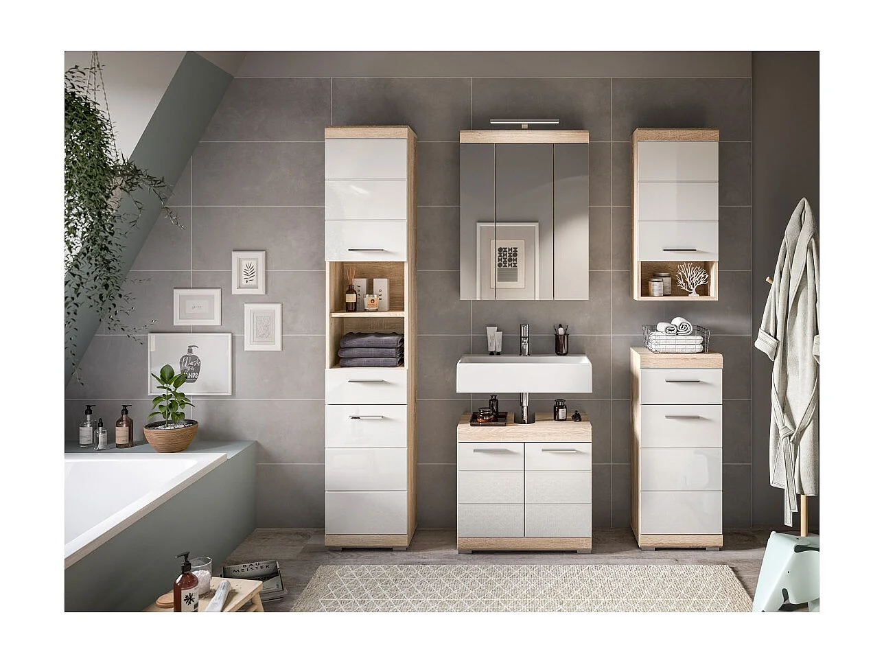 Meuble sous vasque LEWOTO – 2 portes – Blanc et chêne clair