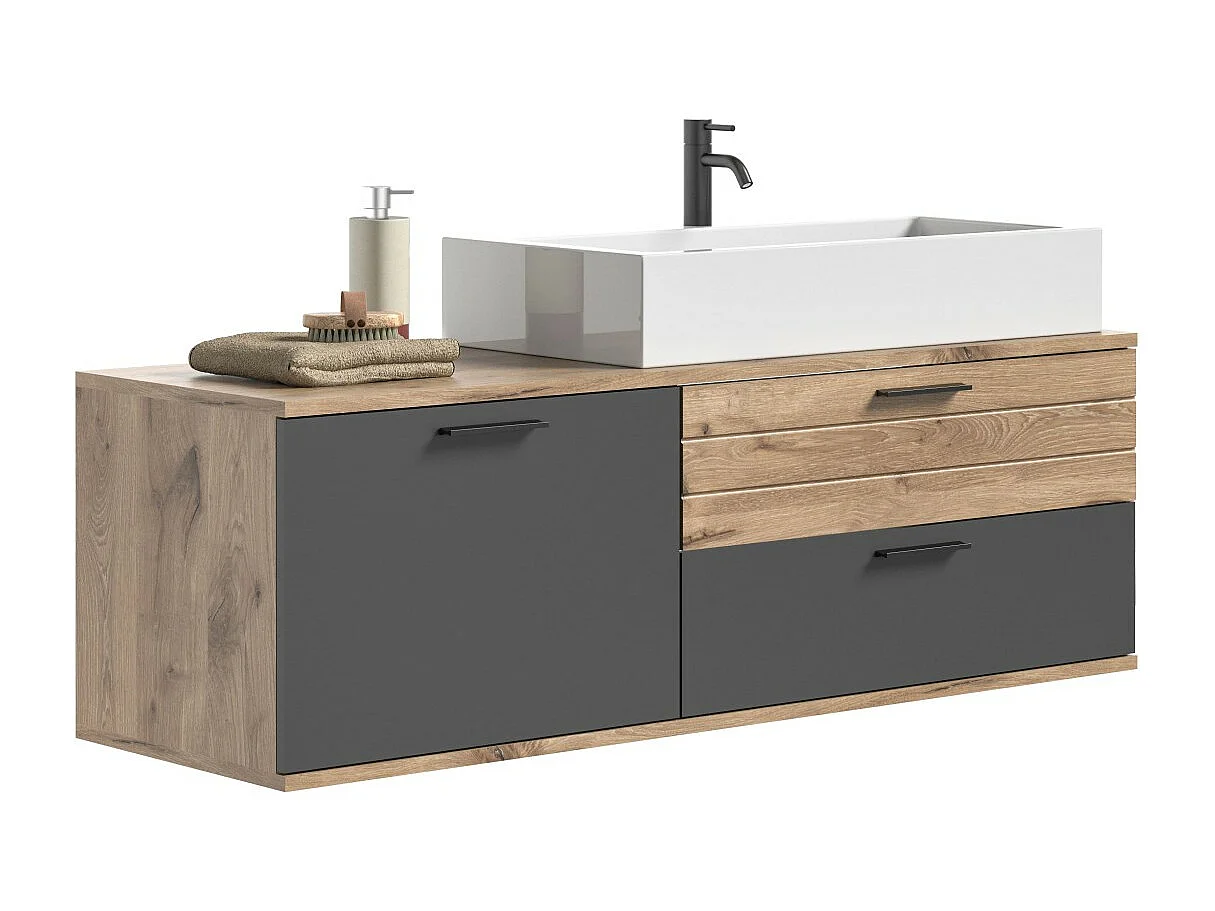 Meuble sous vasque 1 porte et 2 tiroirs – Gris anthracite et chêne clair – SELMA