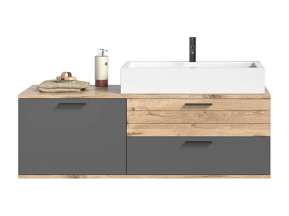 Meuble sous vasque 1 porte et 2 tiroirs – Gris anthracite et chêne clair – SELMA