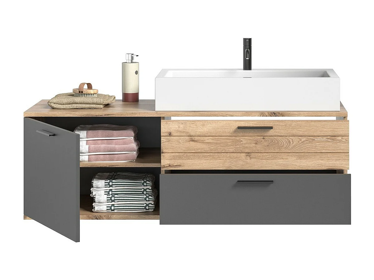 Meuble sous vasque 1 porte et 2 tiroirs – Gris anthracite et chêne clair – SELMA