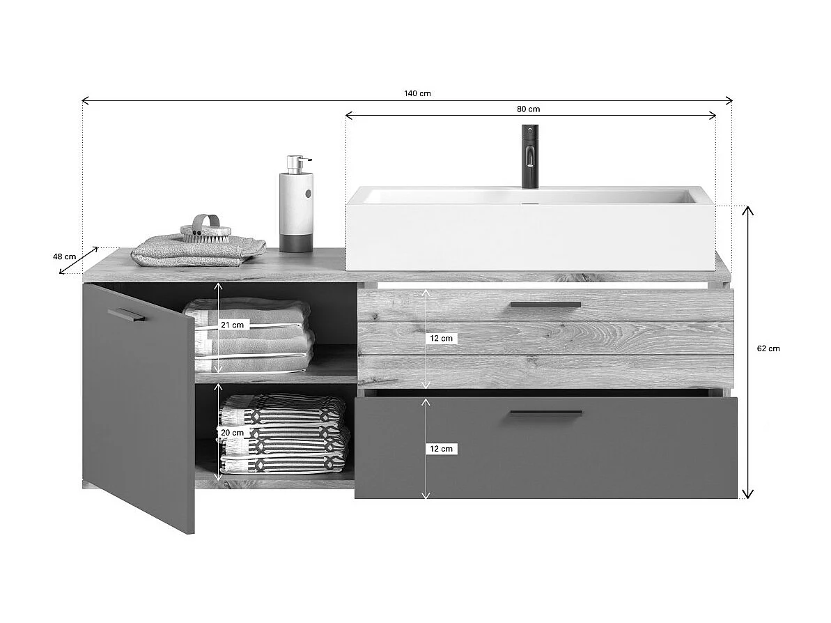 Meuble sous vasque 1 porte et 2 tiroirs – Gris anthracite et chêne clair – SELMA