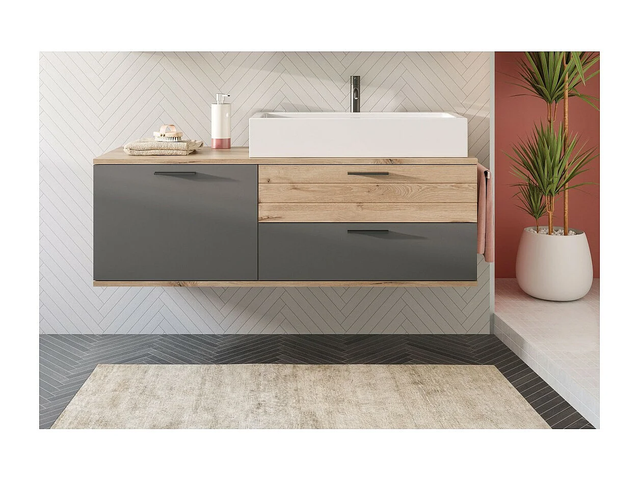Meuble sous vasque 1 porte et 2 tiroirs – Gris anthracite et chêne clair – SELMA