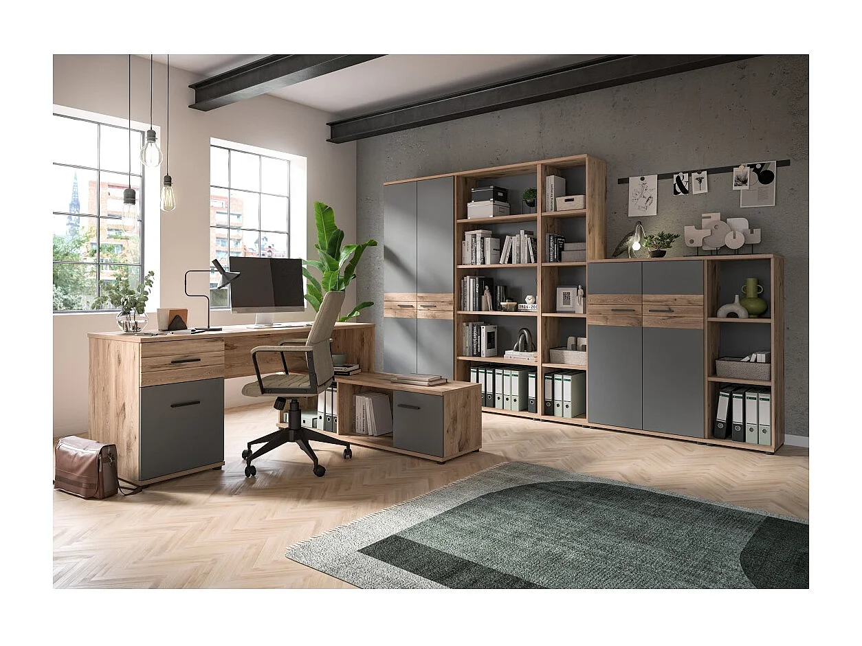 Petite armoire de rangement de bureau 2 portes – Gris anthracite et chêne clair – SELMA