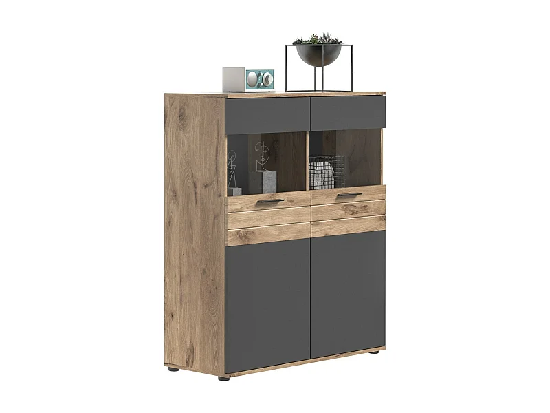 Buffet alto com 2 portas de vidro – Cinza antracite e carvalho claro – SELMA