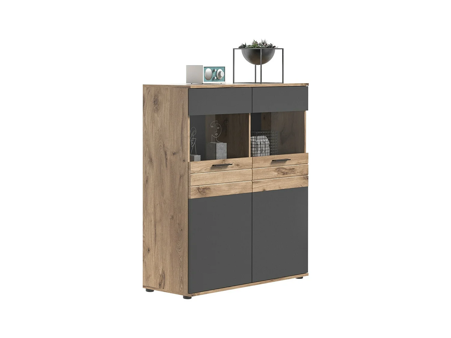 Buffet haut 2 portes vitrée – Gris anthracite et chêne clair – SELMA
