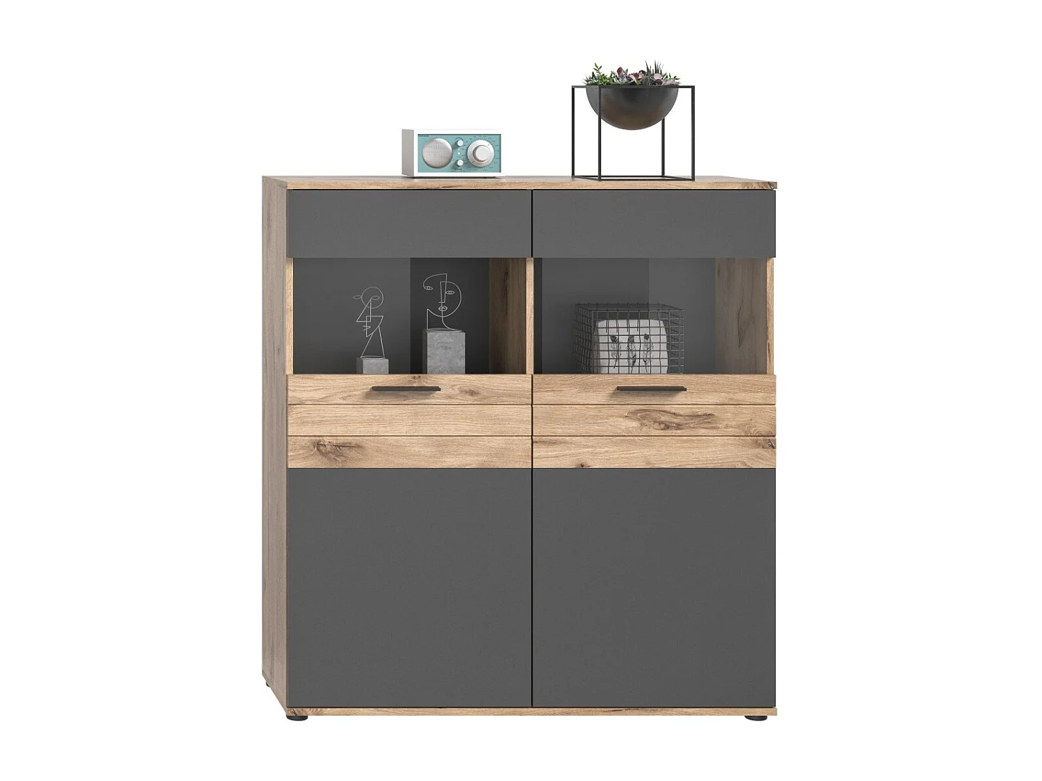 Buffet alto 2 puertas con vidrio – Gris antracita y roble claro – SELMA