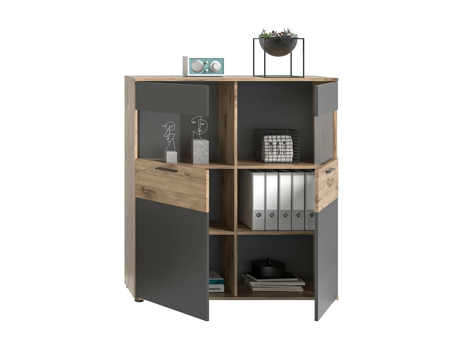 Buffet alto 2 puertas con vidrio – Gris antracita y roble claro – SELMA