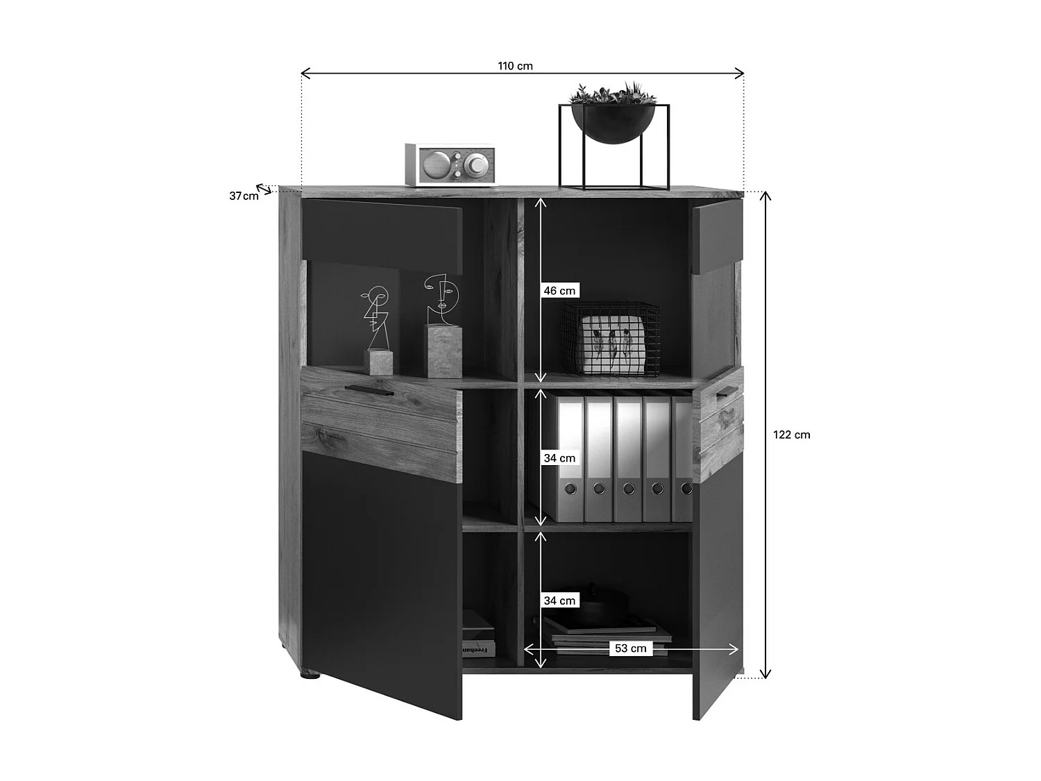 Buffet alto 2 puertas con vidrio – Gris antracita y roble claro – SELMA