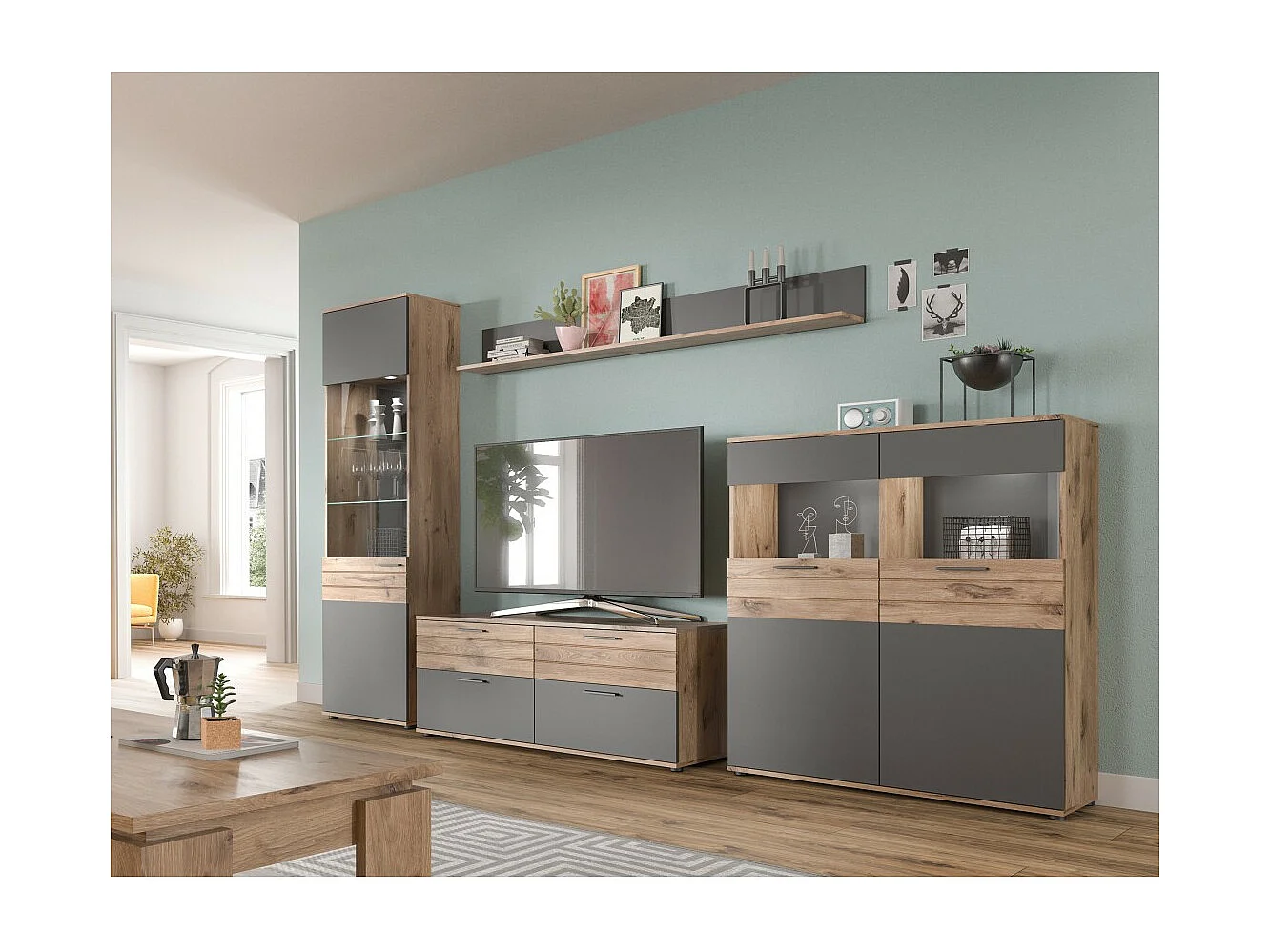 Buffet alto 2 puertas con vidrio – Gris antracita y roble claro – SELMA