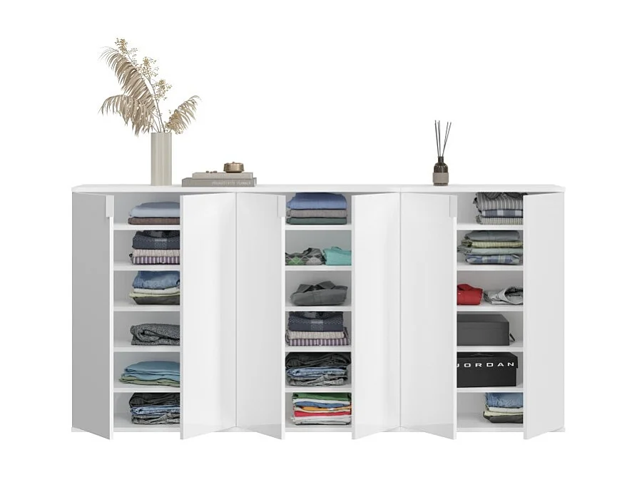 Buffet BODITE – 6 portes – Blanc laqué – Grand meuble de rangement