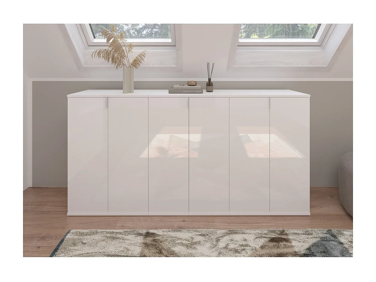 Buffet BODITE – 6 portes – Blanc laqué – Grand meuble de rangement