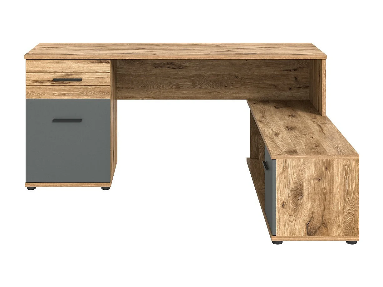 Escritório de canto com 2 gavetas, 1 armário e 2 nichos – Cinza antracite e carvalho claro – SELMA