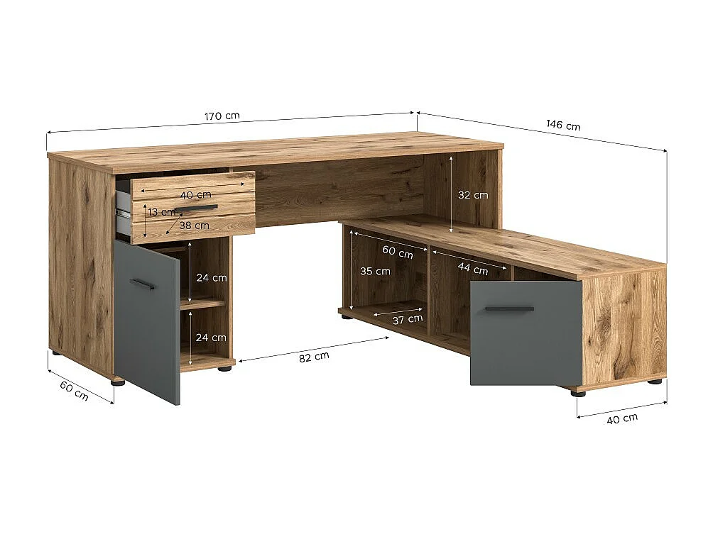 Escritório de canto com 2 gavetas, 1 armário e 2 nichos – Cinza antracite e carvalho claro – SELMA