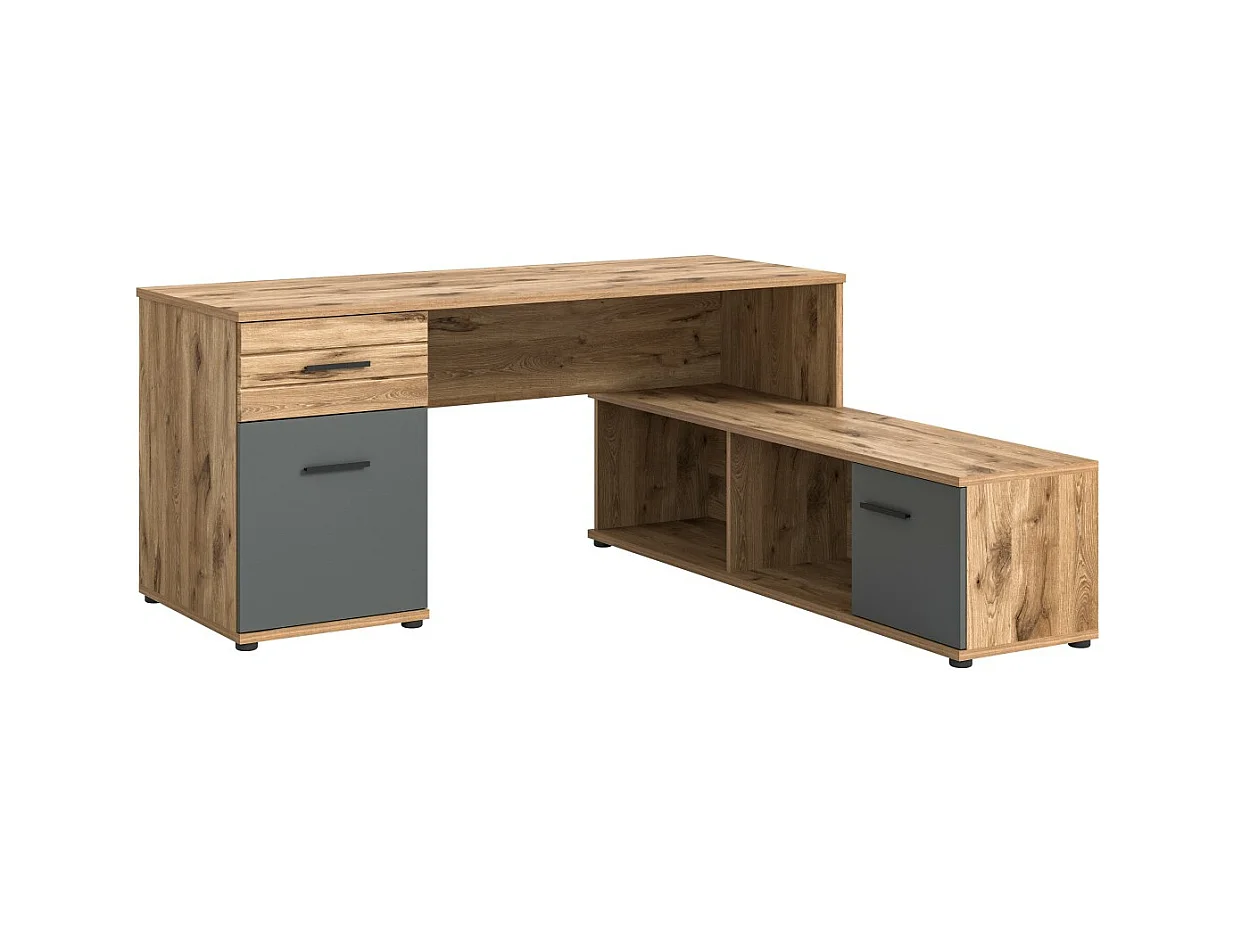 Bureau d'angle avec 2 tiroirs, 1 placard et 2 niches – Gris anthracite et chêne clair – SELMA