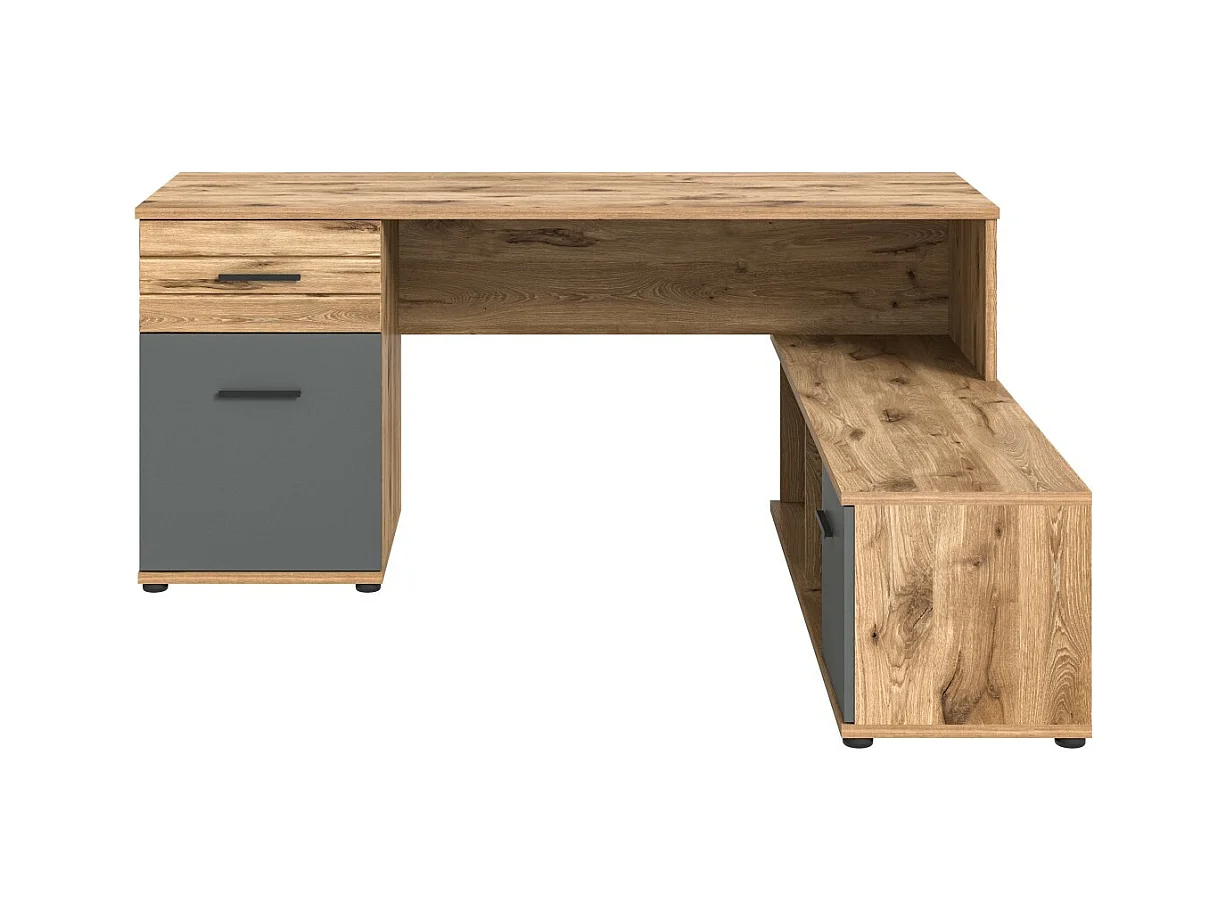 Escritorio de esquina con 2 cajones, 1 armario y 2 nichos – Gris antracita y roble claro – SELMA