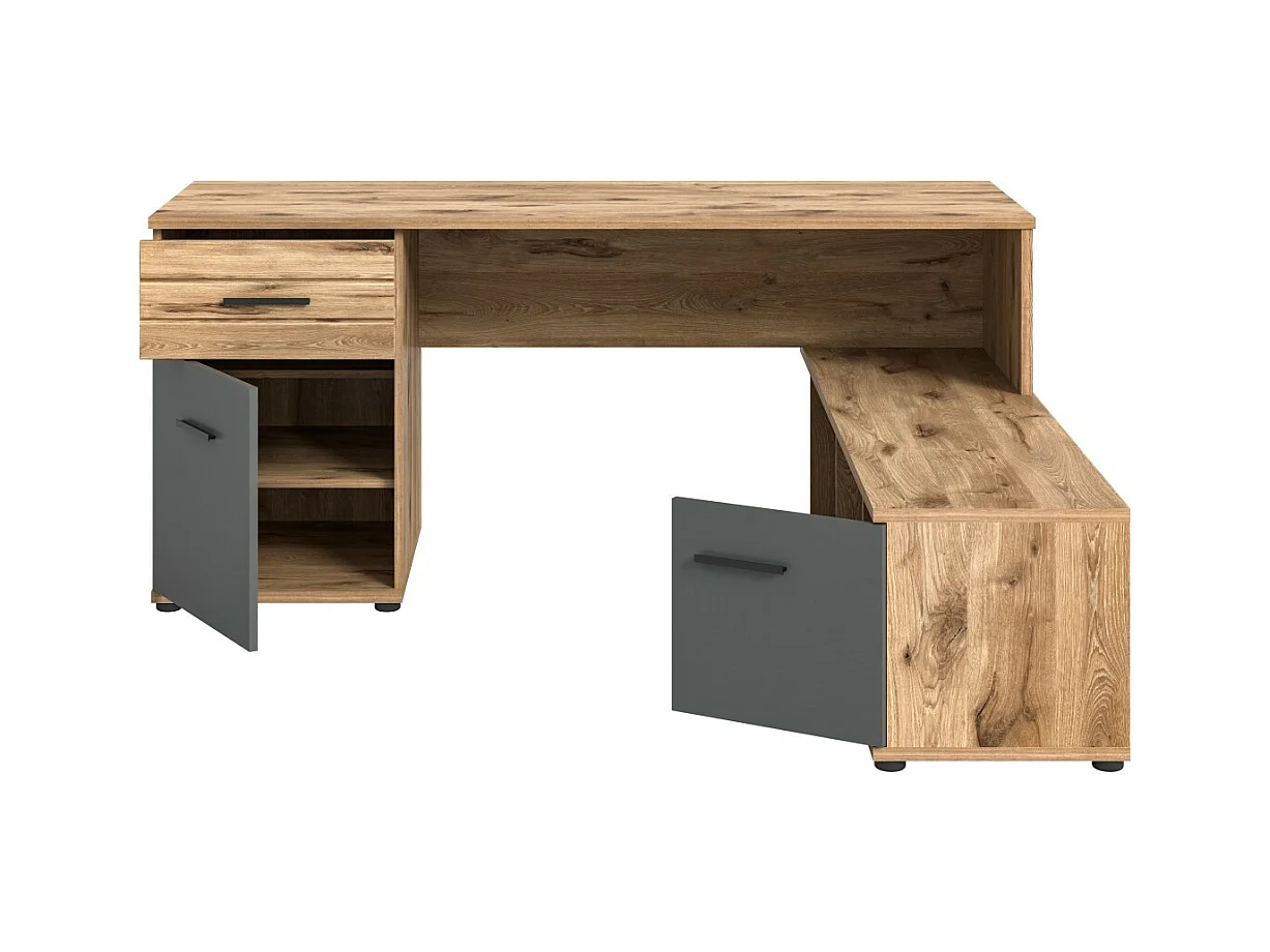 Escritorio de esquina con 2 cajones, 1 armario y 2 nichos – Gris antracita y roble claro – SELMA