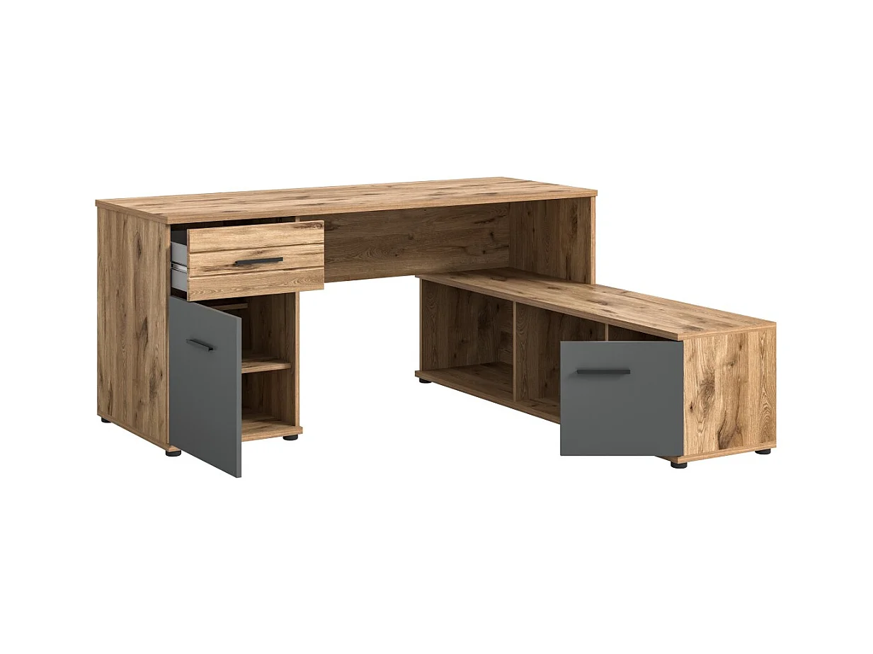 Escritorio de esquina con 2 cajones, 1 armario y 2 nichos – Gris antracita y roble claro – SELMA