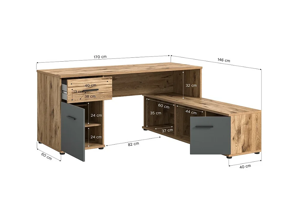 Escritorio de esquina con 2 cajones, 1 armario y 2 nichos – Gris antracita y roble claro – SELMA