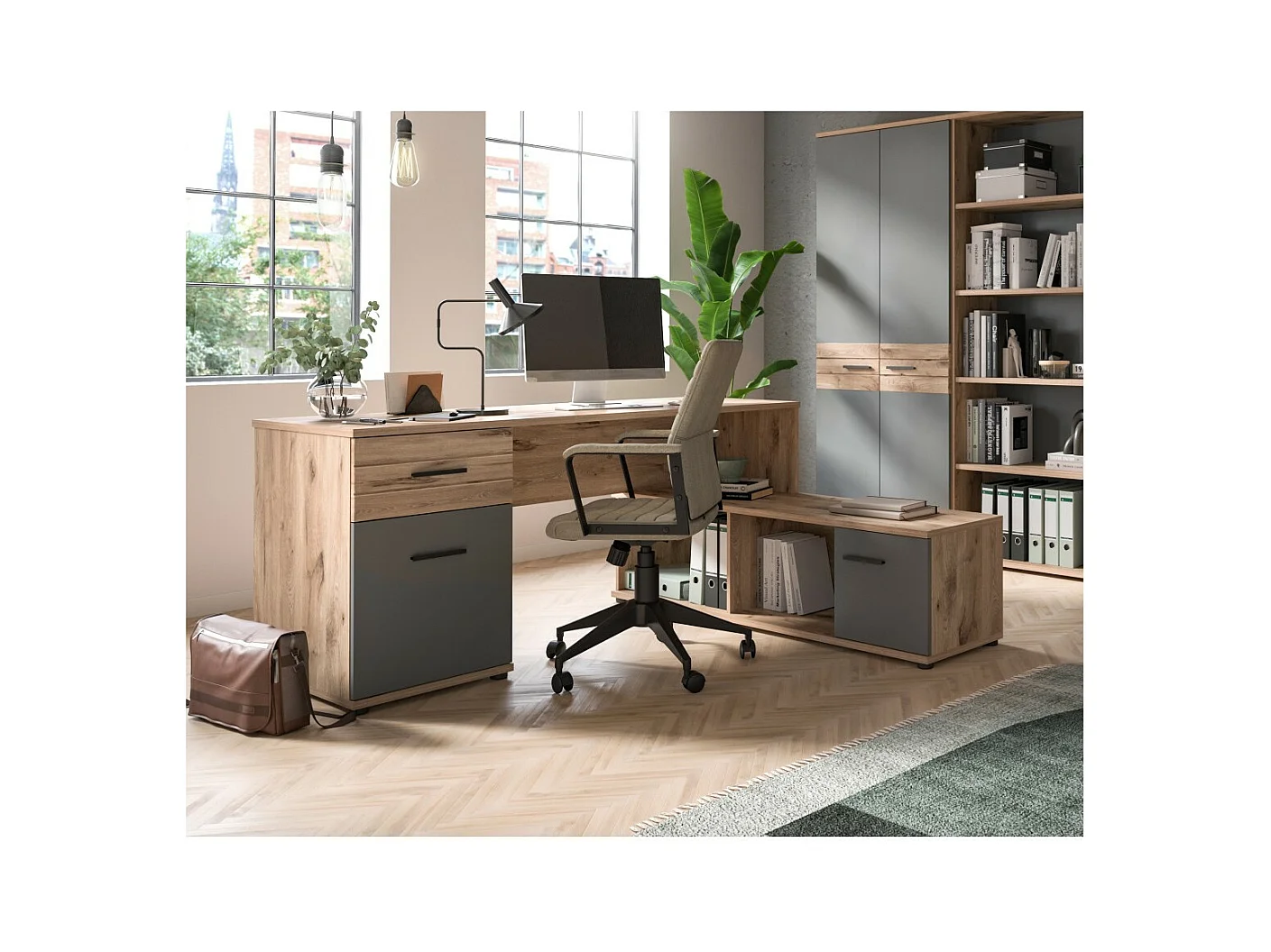 Escritorio de esquina con 2 cajones, 1 armario y 2 nichos – Gris antracita y roble claro – SELMA