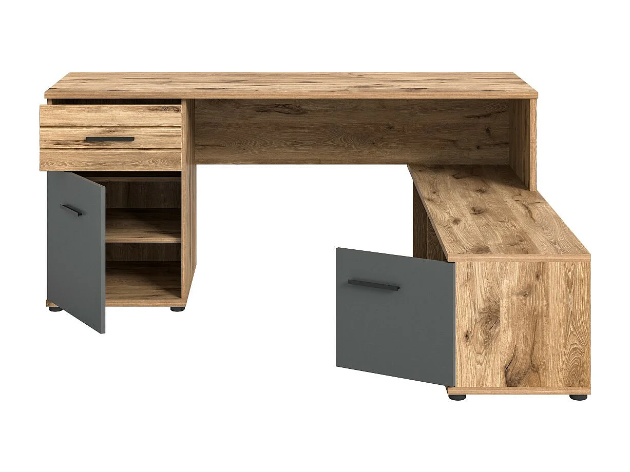 Escritorio de esquina con 2 cajones, 1 armario y 2 nichos – Gris antracita y roble claro – SELMA