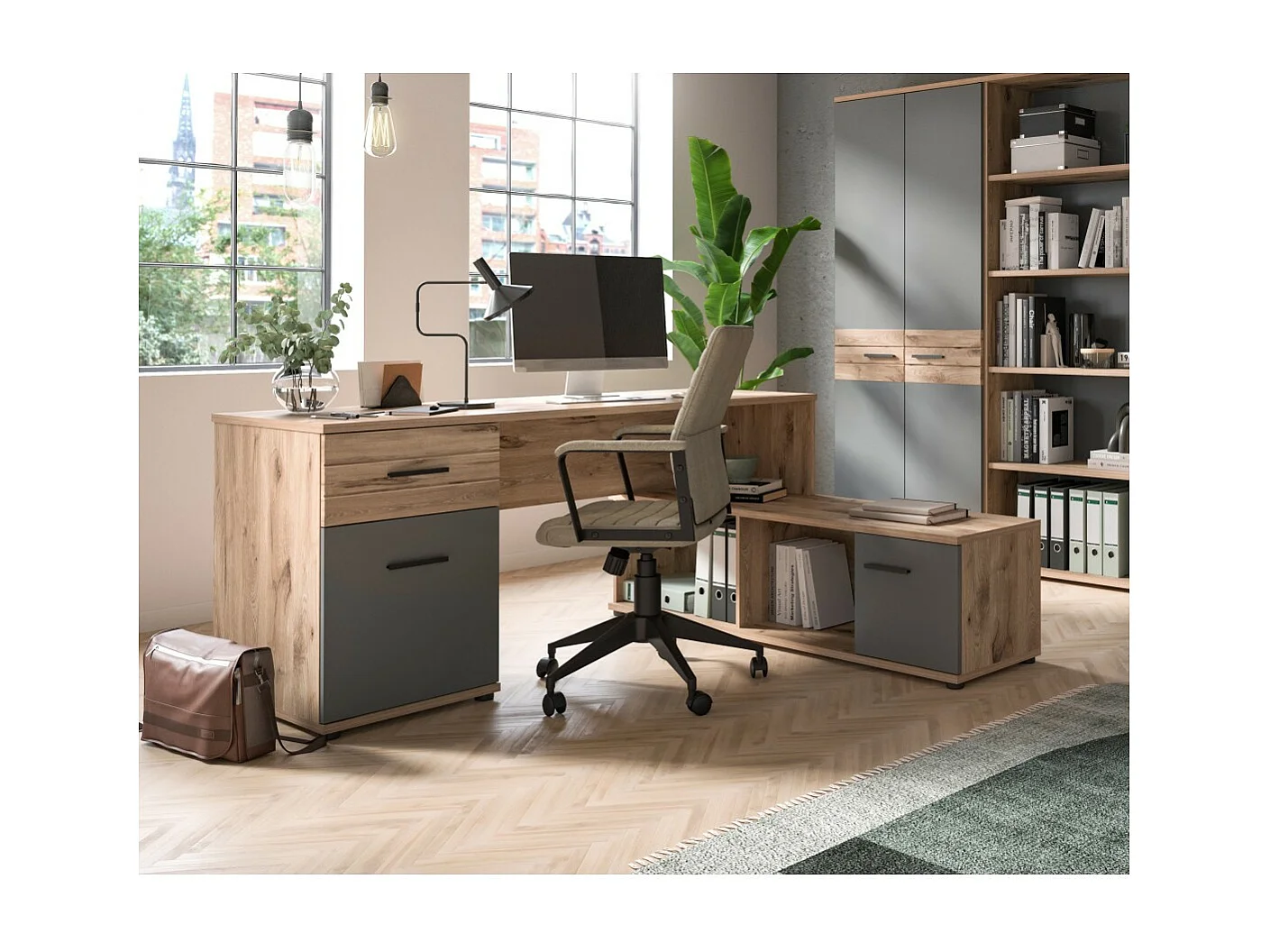 Escritorio de esquina con 2 cajones, 1 armario y 2 nichos – Gris antracita y roble claro – SELMA
