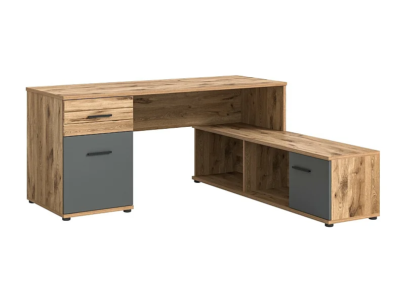 Escritório de canto com 2 gavetas, 1 armário e 2 nichos – Cinza antracite e carvalho claro – SELMA