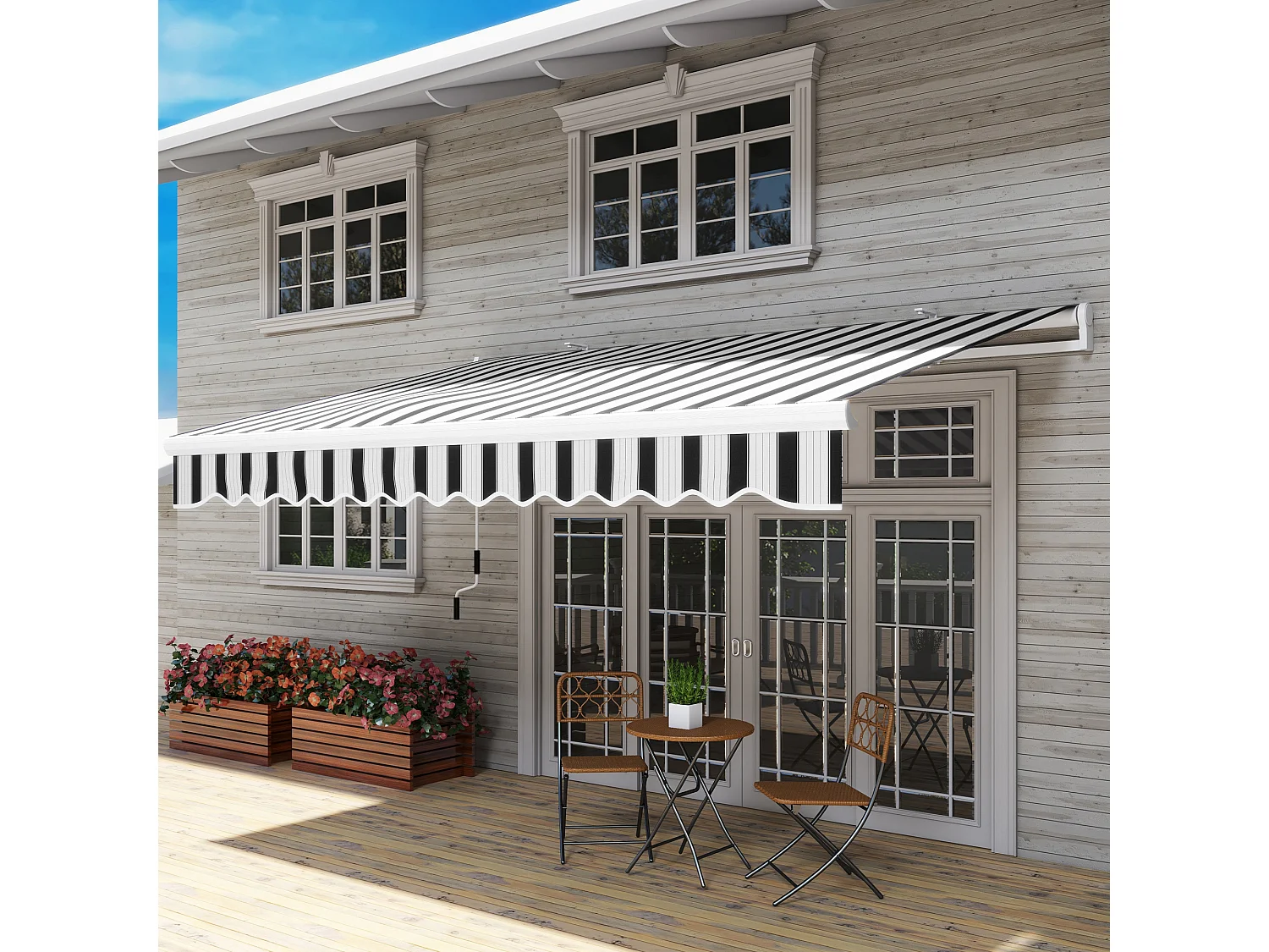 Store banne manuel rétractable alu. polyester imperméabilisé haute densité 4 x 2,5 m bleu blanc rayé