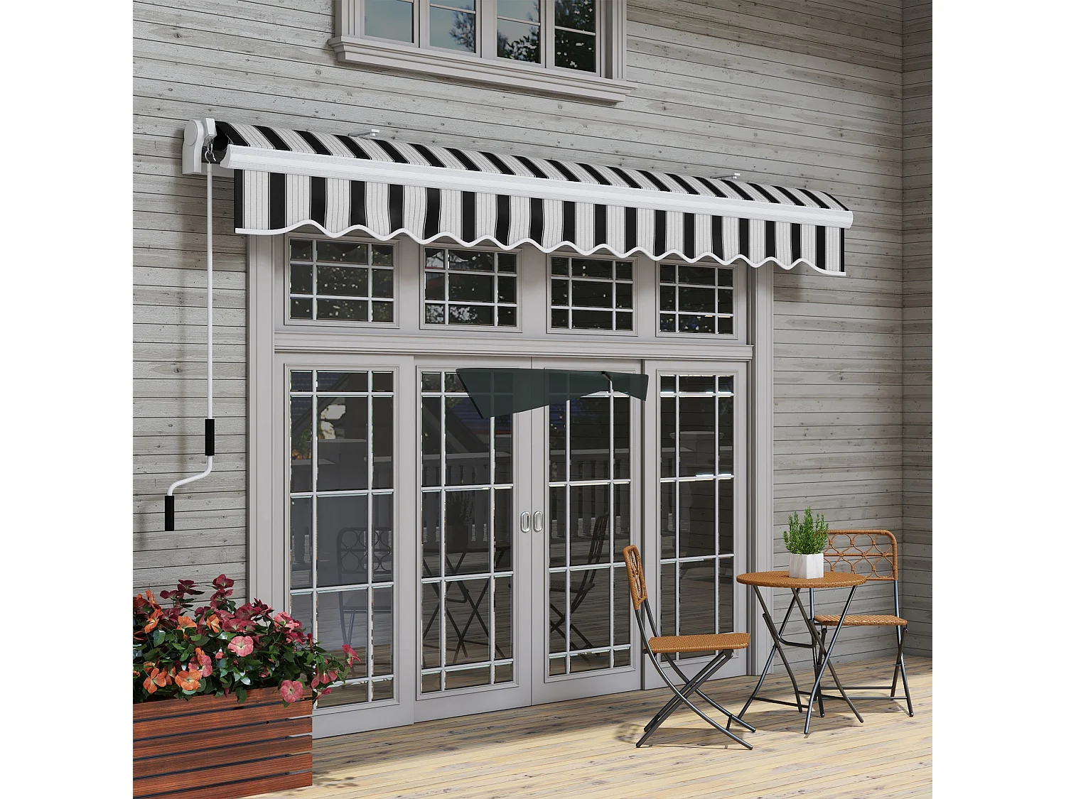 Store banne manuel rétractable alu. polyester imperméabilisé haute densité 4 x 2,5 m bleu blanc rayé