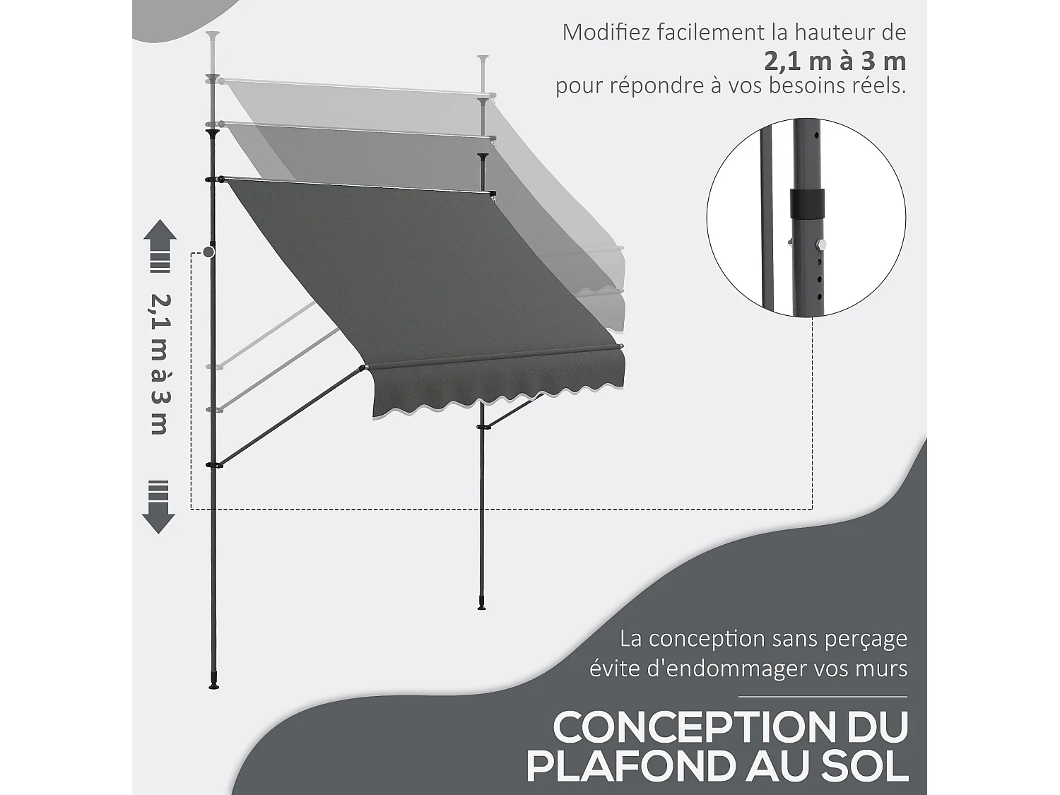 Store banne autoportant manuel rétractable 2,5L x 1,2l x 2,1-3H m inclinaison réglable métal alu polyester gris