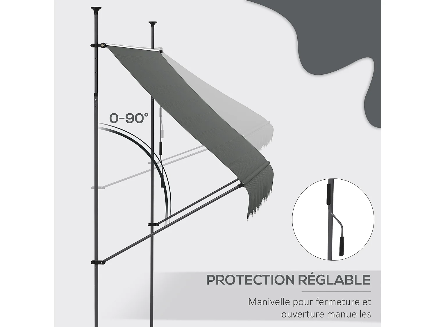 Store banne autoportant manuel rétractable 2,5L x 1,2l x 2,1-3H m inclinaison réglable métal alu polyester gris