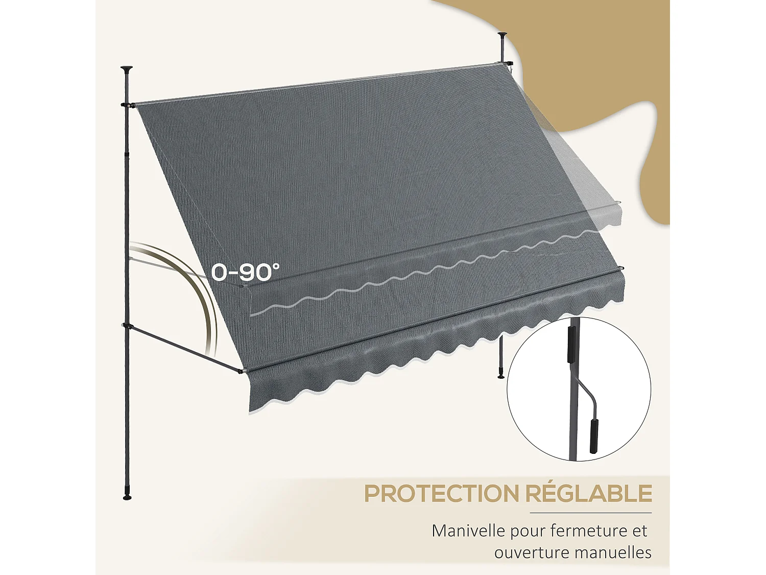 Store banne autoportant manuel rétractable 3,5L x 1,2l x 2,1-3H m inclinaison réglable métal alu polyester gris