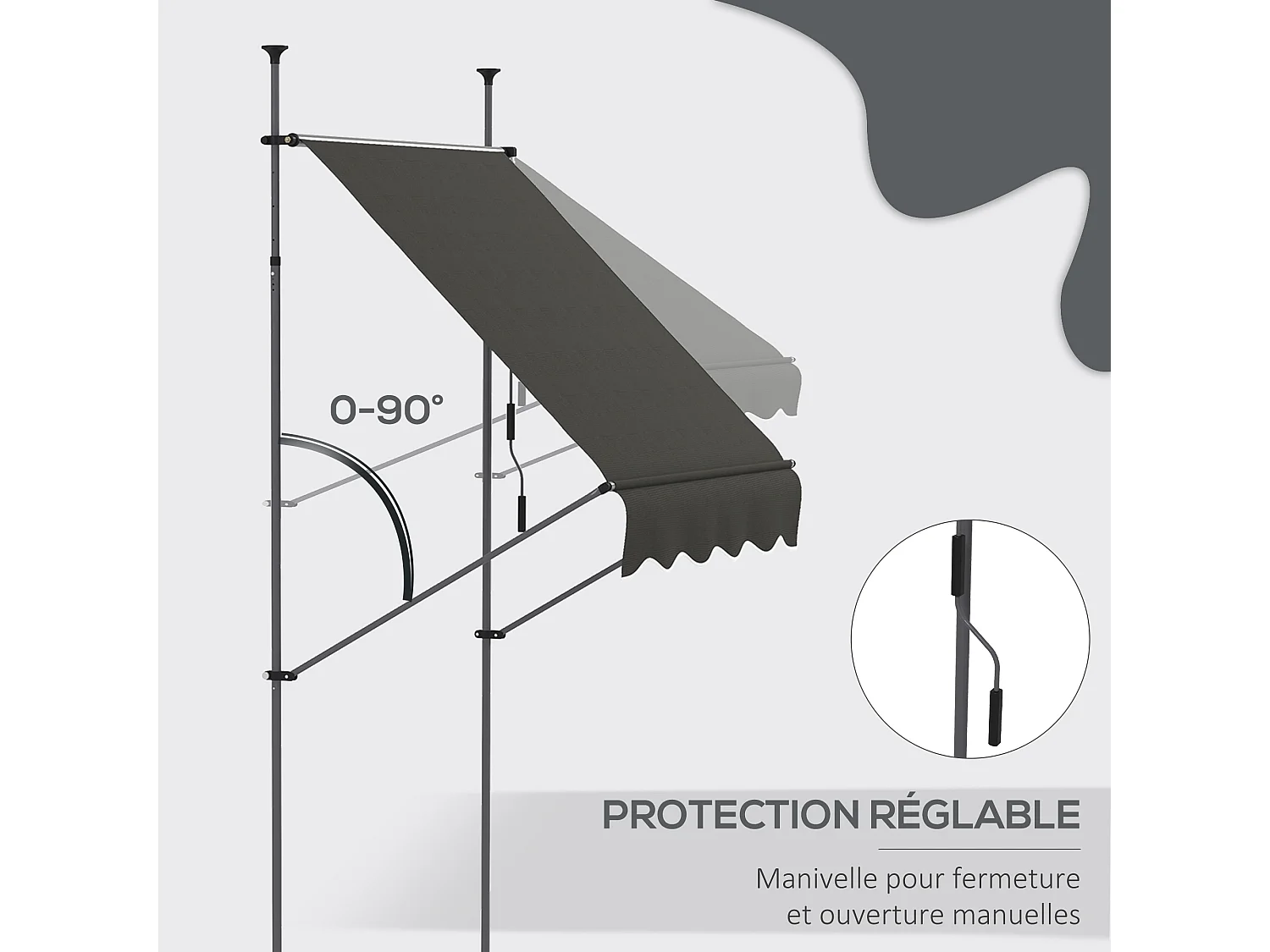 Store banne autoportant manuel rétractable 1,5L x 1,2l x 2,1-3H m inclinaison réglable métal alu polyester gris