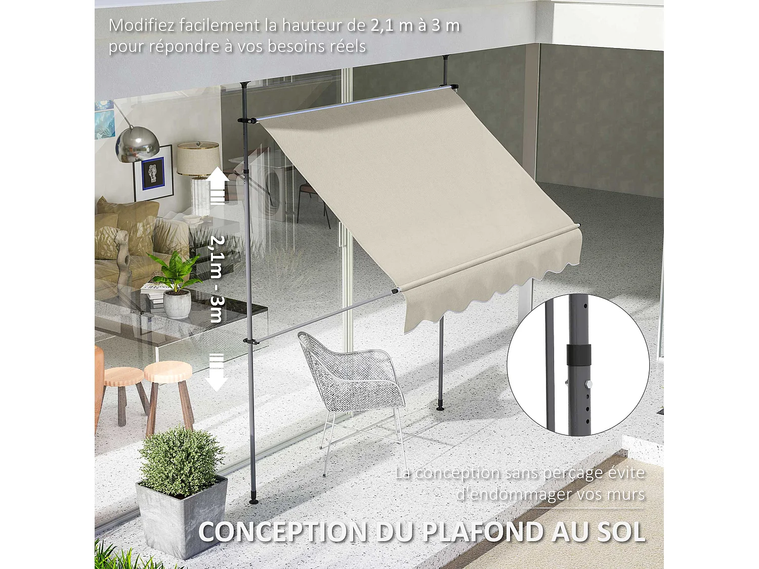 Store banne autoportant manuel inclinable rétractable 2 x 1,2(avancée) x 2,1-3H.m aucun perçage sable