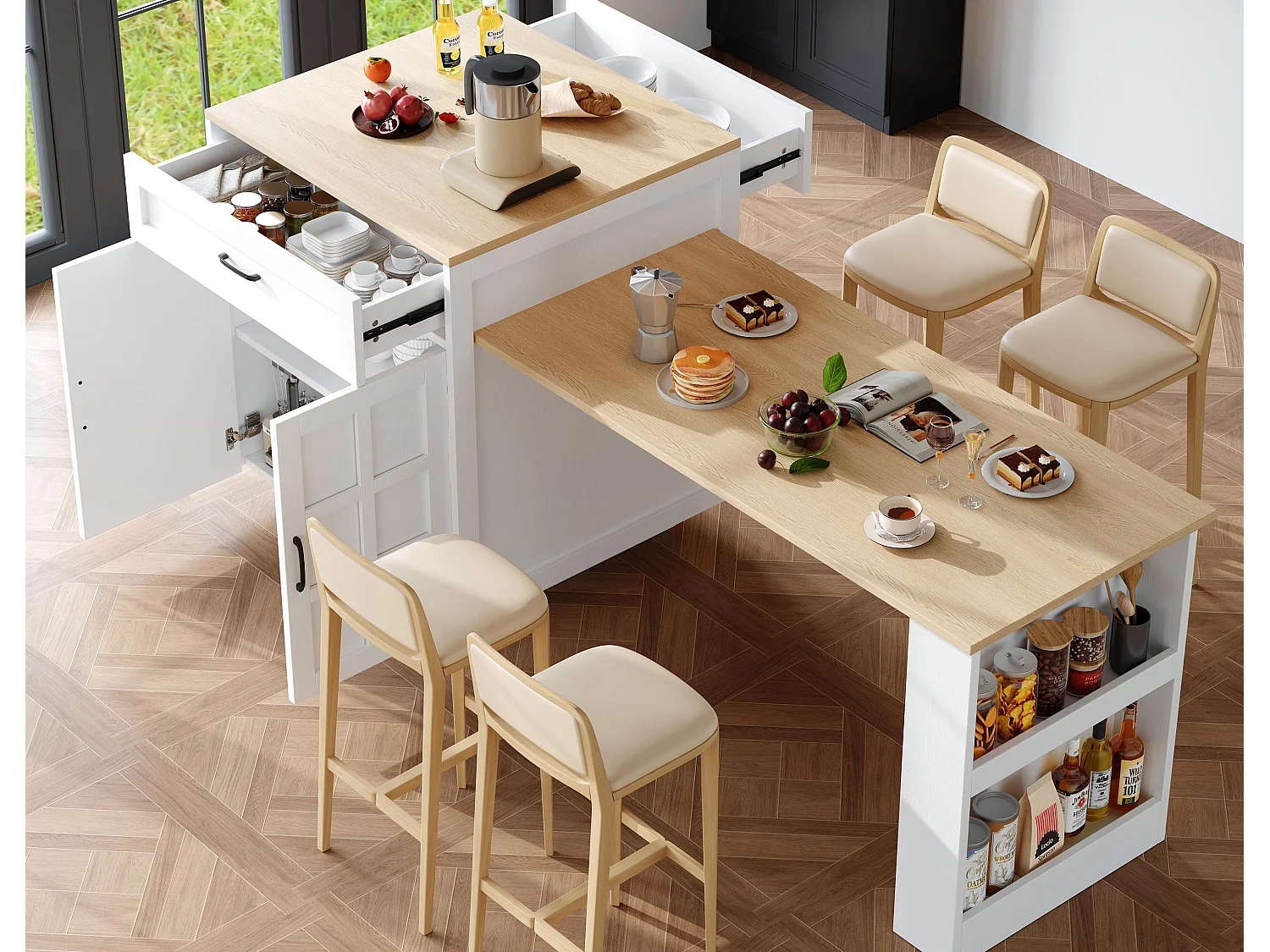 Ilot central de cuisine avec 2 portes et 2 tiroirs - Plateau extensible - 133(202)x59x93.5 cm - 2 à 6 personnes - Blanc+naturel
