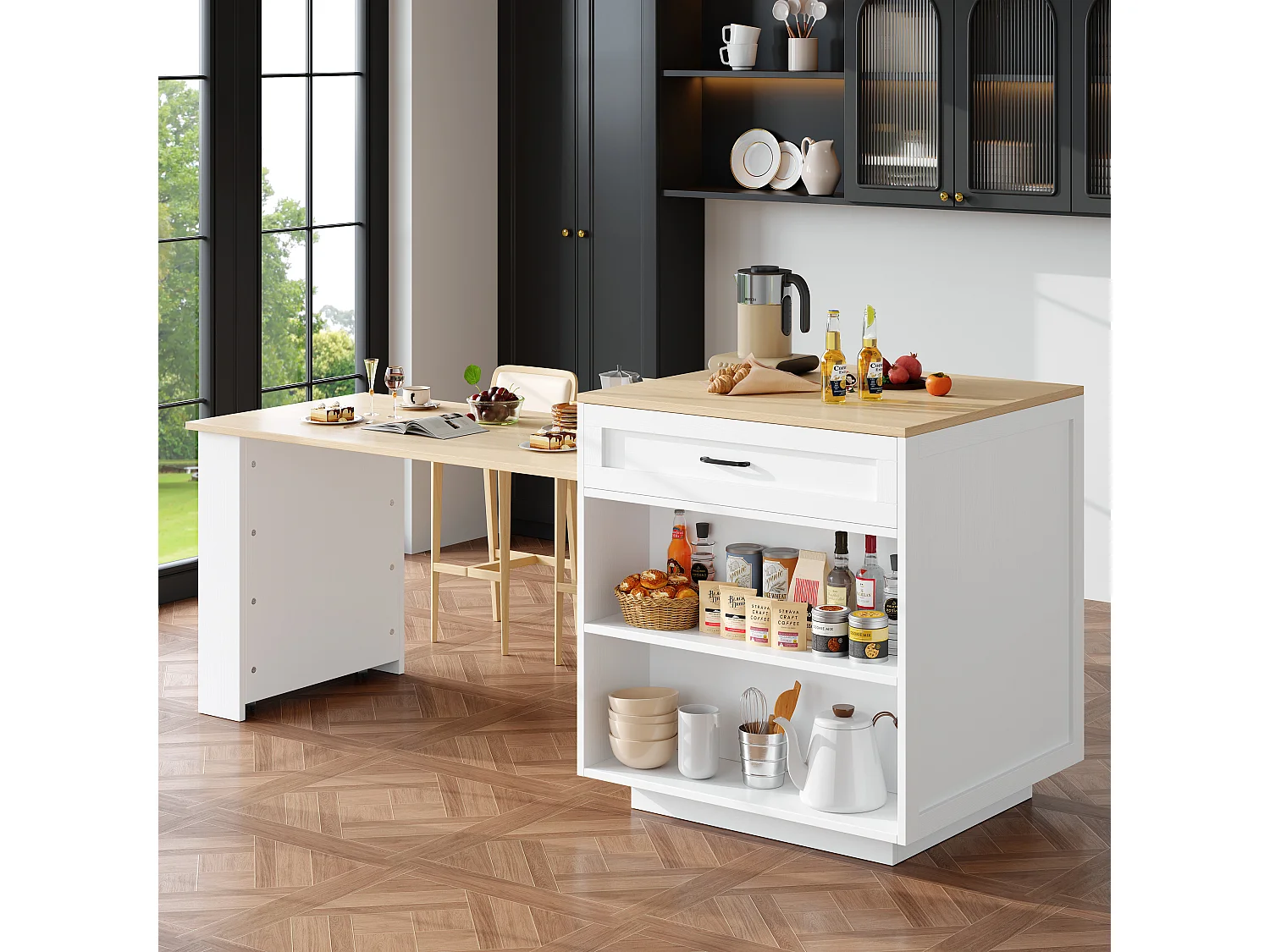 Ilot central de cuisine avec 2 portes et 2 tiroirs - Plateau extensible - 133(202)x59x93.5 cm - 2 à 6 personnes - Blanc+naturel