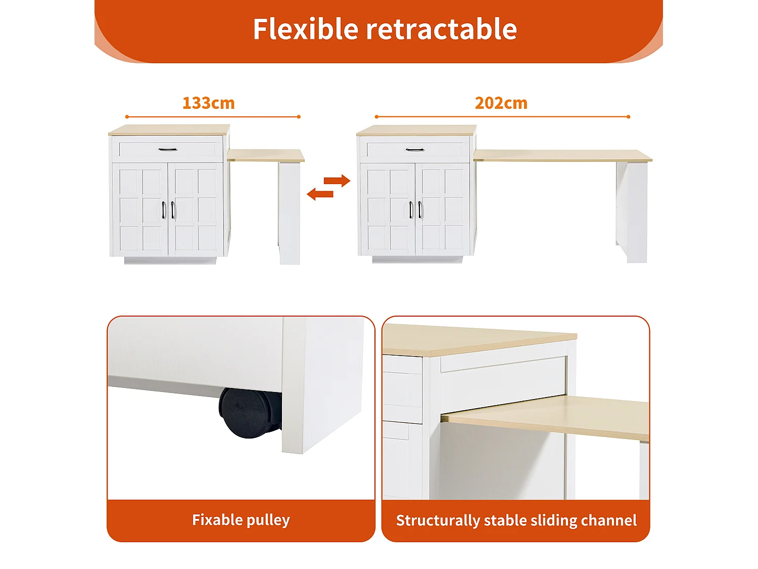 Ilot central de cuisine avec 2 portes et 2 tiroirs - Plateau extensible - 133(202)x59x93.5 cm - 2 à 6 personnes - Blanc+naturel