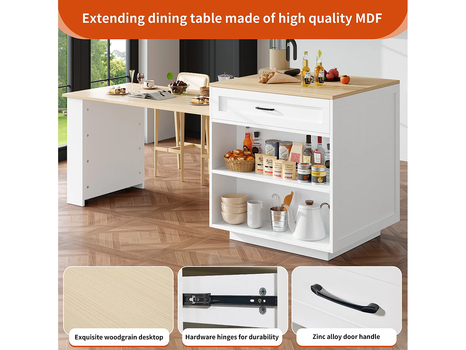 Ilot central de cuisine avec 2 portes et 2 tiroirs - Plateau extensible - 133(202)x59x93.5 cm - 2 à 6 personnes - Blanc+naturel