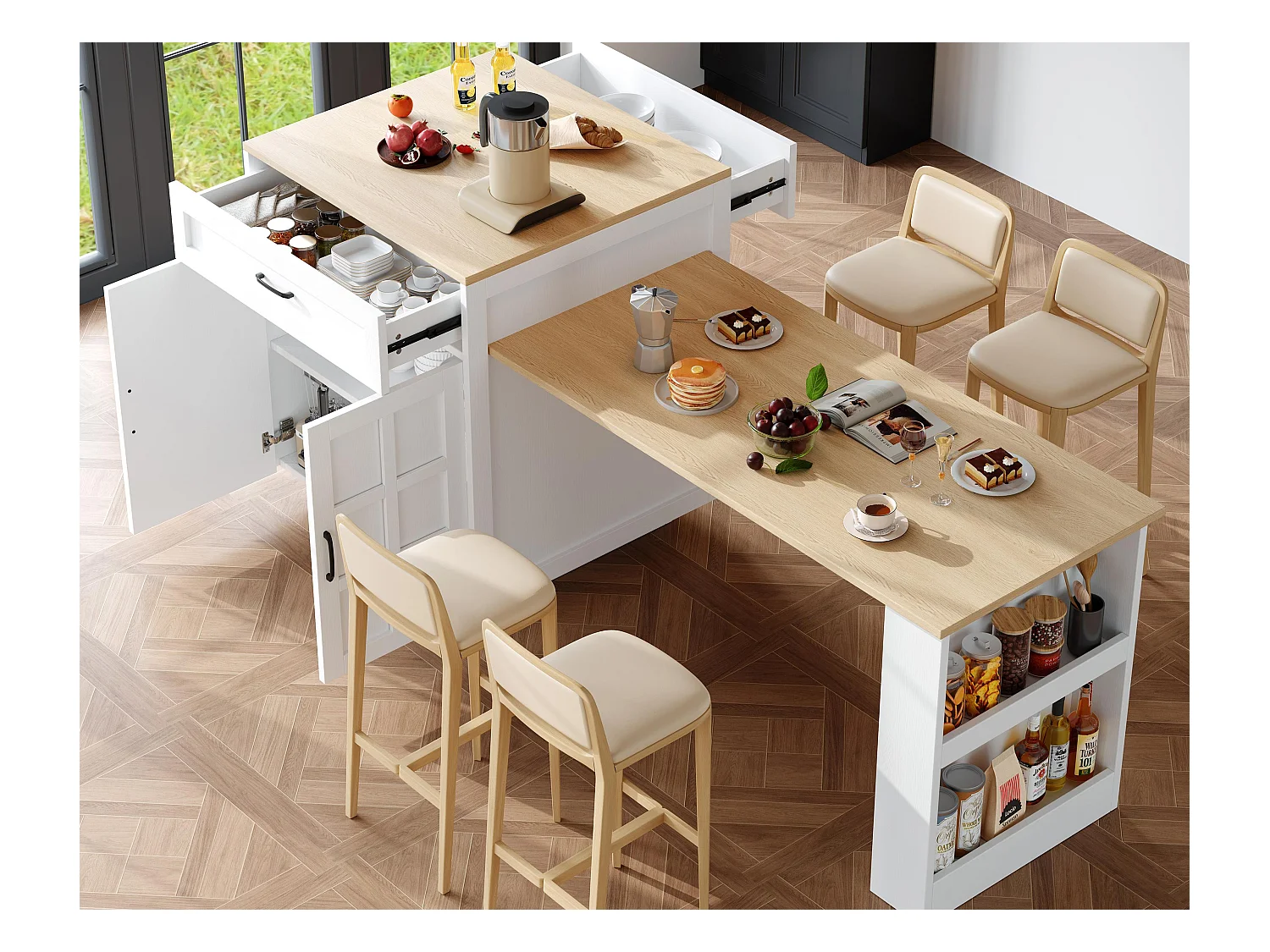 Ilot central de cuisine avec 2 portes et 2 tiroirs - Plateau extensible - 133(202)x59x93.5 cm - 2 à 6 personnes - Blanc+naturel