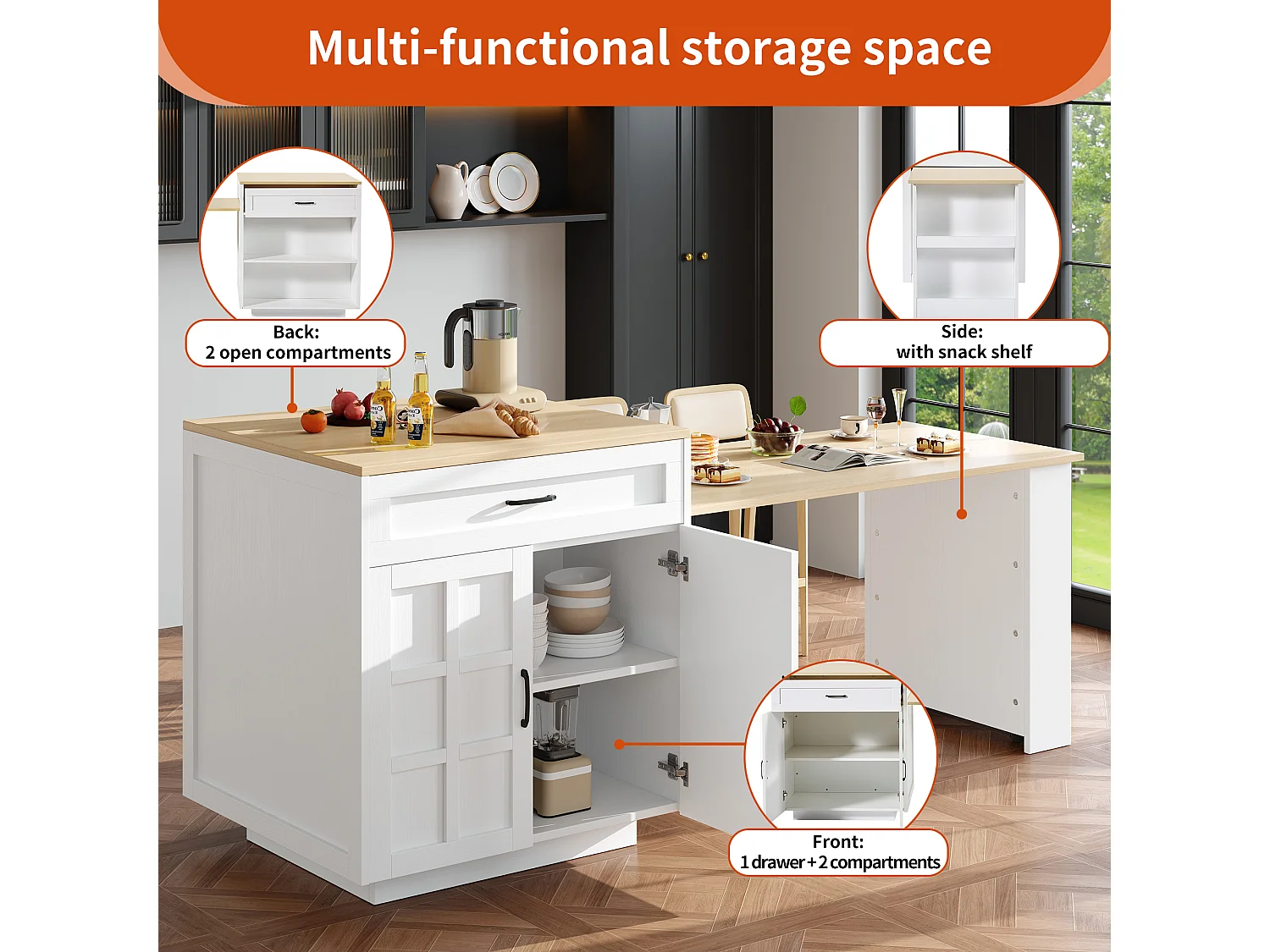 Ilot central de cuisine avec 2 portes et 2 tiroirs - Plateau extensible - 133(202)x59x93.5 cm - 2 à 6 personnes - Blanc+naturel