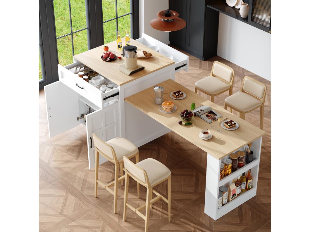 Isla central de cocina con 2 puertas y 2 cajones - Tablero extensible - 133(202)x59x93,5 cm - Para 2 a 6 personas - Blanco + Natural