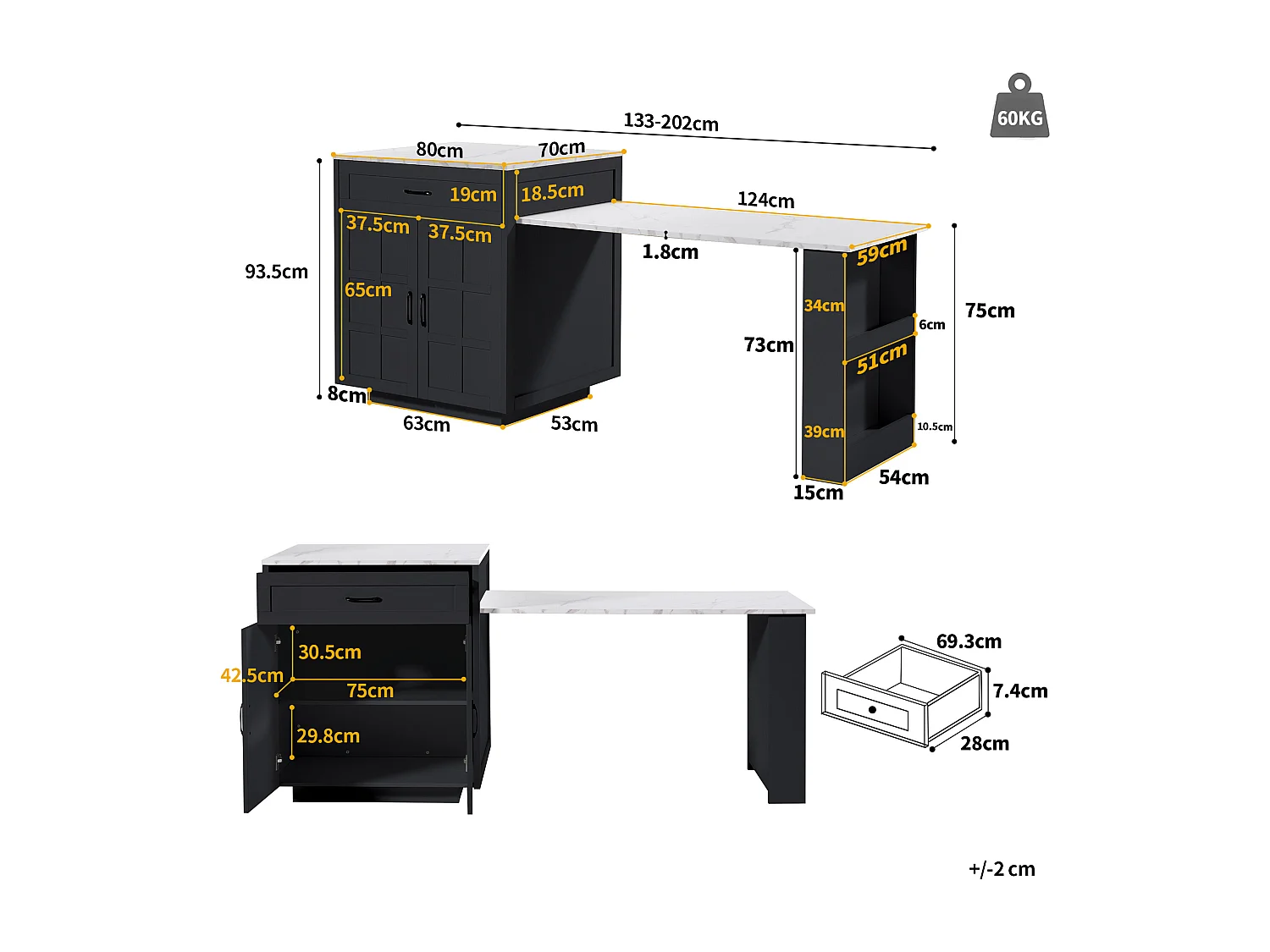 Isla central de cocina con 2 puertas y 2 cajones - Tablero extensible - Encimeras de mármol artificial - 133(202)x59x93,5 cm - Para 2 a 6 personas - Negro + Blanco