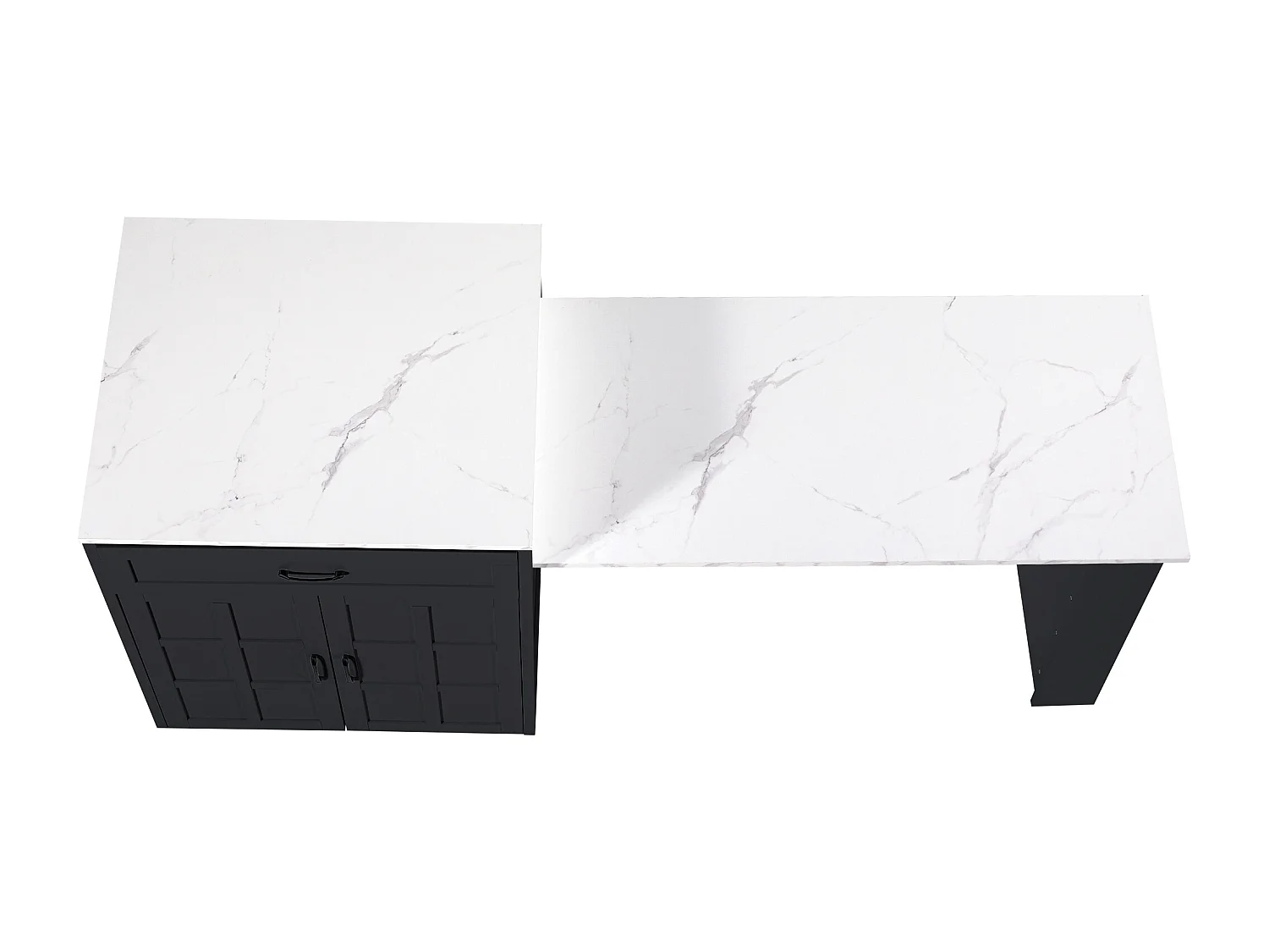 Isla central de cocina con 2 puertas y 2 cajones - Tablero extensible - Encimeras de mármol artificial - 133(202)x59x93,5 cm - Para 2 a 6 personas - Negro + Blanco