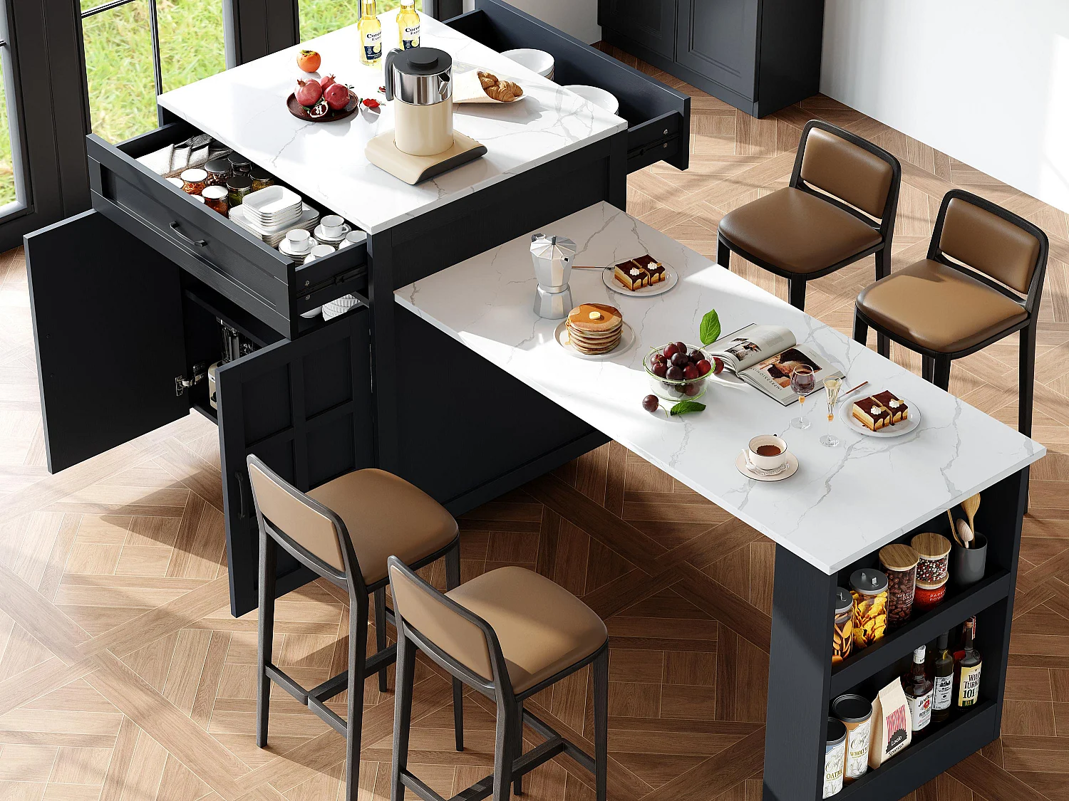 Centrale keukeneiland met 2 deuren en 2 lades - Uitklapbaar bord - Werkborden van kunstmatig marmer - 133(202)x59x93,5 cm - Voor 2 tot 6 personen - Zwart + Wit