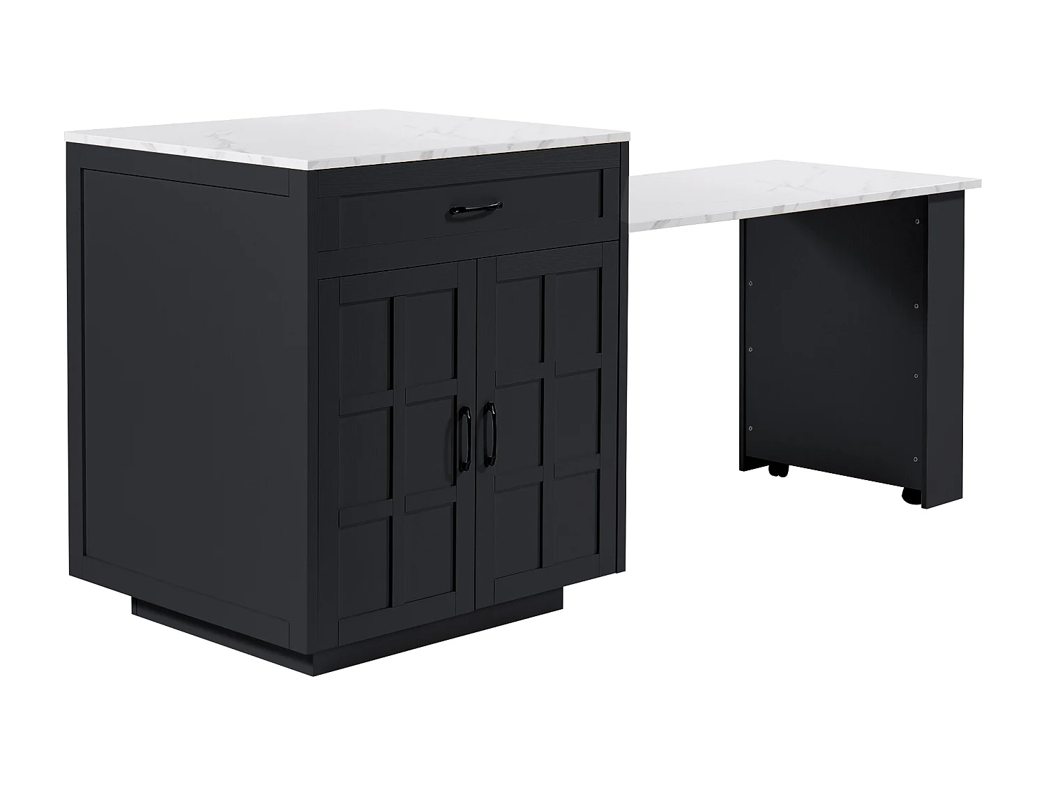 Centrale keukeneiland met 2 deuren en 2 lades - Uitklapbaar bord - Werkborden van kunstmatig marmer - 133(202)x59x93,5 cm - Voor 2 tot 6 personen - Zwart + Wit